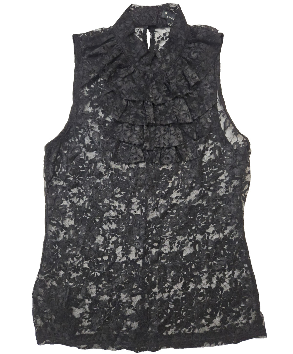 Women's Large Black Sheer Lace Ruffle Mock Neck Top Witchy Dark Academia Gothic